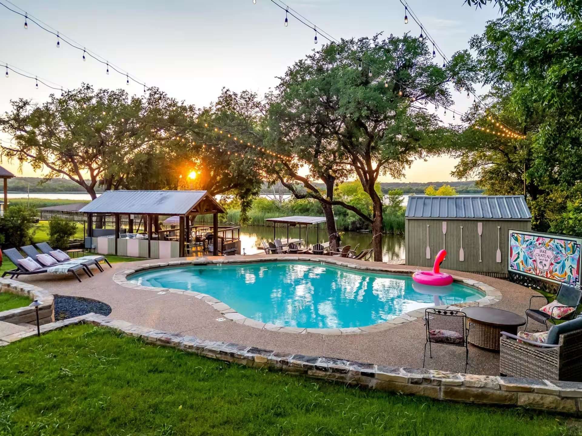 Private pool overlooking the Lake Granbury waterfront at The Lake Château in Granbury, Texas
